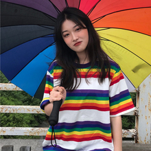 Camiseta feminina de verão, camiseta listrada estilo coreano ulzzang harajuku, de arco-íris com manga curta, roupa casual para mulheres 2024 - compre barato