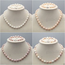 Genuine 7-8mm Natural Oval Akoya Freshwater Rice Pearl Necklace Bracelet Set 2024 - buy cheap