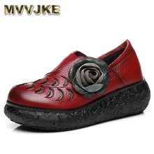 MVVJKE 2018 Women Autumn Genuine Leather High Heels Shoes Handmade Vintage Flower Platform Wedges Shoes Woman PumpsE150 2024 - buy cheap