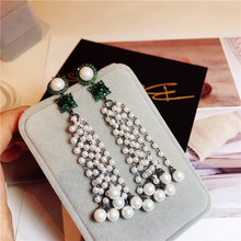 Vintage Drop Earrings For Women 925 Green Cubic Zirconia Long Imitation Pearls Tassels Fine Jewelry Temperament Brincos 2024 - buy cheap