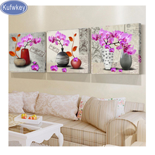 dIY,Full,square Diamond Embroidery,Orchid flower,5d,Diamond Painting 3pcs,set,Cross Stitch kit,3D,Diamond Mosaic,room Decoration 2024 - buy cheap