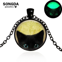 Big Eye Black Cat Necklaces Alloy Glass Cabochon Pendant Glow In The Dark Jewelry Luminous Long Necklace Cute Sweater Chain Gift 2024 - buy cheap