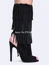 Brand Design Women Fashion Open Toe Black Suede Tassels Mid-calf Gladiator Boots Cut-out High Heel Fringed Boots 2024 - buy cheap