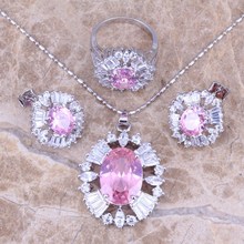 Rosa & branco cz prata chapeado conjuntos de jóias brincos pingente anel tamanho 5.5 - 8 s0027 2024 - compre barato