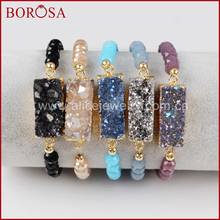 BOROSA Rectangle Gold Color Natural Crystal Druzy Titanium Rainbow Druzy With Rainbow Faceted Beads Drusy Bracelet G1281 2024 - buy cheap