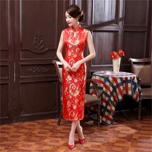 Vestido tradicional chinês com gola mandarin, vestido de cetim sem mangas cheongsam para gotejamento longo, 10 cores 2024 - compre barato