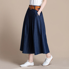 Free Shipping 2019 New Fashion Long Maxi A-line Skirts For Women Elastic Waist Summer Cotton Denim Skirts With Belt Spring 2024 - buy cheap