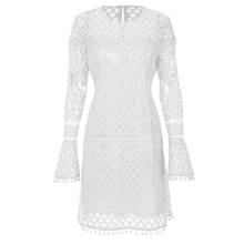 2019 Elegant Women Sheer Lace Dress Pom Pom Trims O Neck Spring Fashion Dress Long Sleeve Lined Mini Hollow Out Dress Pink/White 2024 - buy cheap