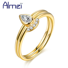 Almei 49% off 2 pcs da Cor do Ouro Anéis CZ Pedra Jóias Anel de Moda para As Mulheres Anel de Casamento Casais Bandas Presente bijoux Femme Y121 2024 - compre barato