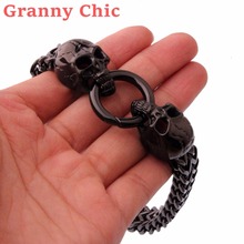 Granny Chic 12mm New Arrived Biker Mens Boy Black Stainless Steel Skull Skeleton Square Rolo Figaro Chain Wristband Bracelet 2024 - buy cheap