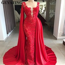 Saudi Arabic Red Mermaid Lace Dubai Evening Dress 2020 Elegant Long Women Formal Gowns with Cape Special Occasion Prom Dresses 2024 - buy cheap