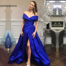 Nova chegada fora do ombro azul real vestidos de noite longos 2021 v pescoço sexy fenda lado simples vestido formal abiye robe de soiree 2024 - compre barato