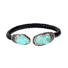 Luxury Black Leather Pave Natural Blue Semi Precious Stone End Tail Bead Charms Adjustable Open Cuff Bangle Bracelet For Women 2024 - buy cheap