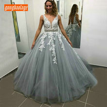 Elegant Beach Boho Gray Evening Dresses Long 2020 Customized V-Neck Evening Gowns Lace Appliques Tulle A-Line Party Formal Dress 2024 - buy cheap