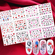 Наклейки для дизайна ногтей на День святого Валентина, переводные наклейки на ногти с цветами и красными губами, Слайдеры для девочек, аксессуары для маникюра, TRBN1069-1080 2024 - купить недорого