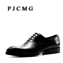 PJCMG Fashion Men Oxford Male Black/Red Lace-Up Solid Pointed Toe Dress Genuine Leather Wedding Business Oxfords Shoes 2024 - buy cheap