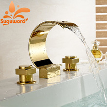 Widespread 3 Holes Waterfall Basin Faucet Gold Finish Bathroom Sink Mixer Tap 2024 - buy cheap
