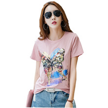 Camiseta feminina fashion kawaii, casual, com lantejoulas, verão, camiseta para mulheres, camiseta engraçada 2024 - compre barato