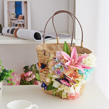 Bolsa de palha de flor artesanal feminina, bolsa de mão para feriados de verão, bolsa tote de borboleta, strass, bolsa de praia, feita à mão 2021 2024 - compre barato