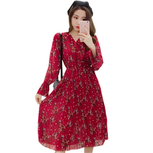 2019 Spring Vintage Dresses Chiffon Floral Print Pleated Dress Women V-neck Flare Sleeve Long Dress Ladies Casual VestidosFP0575 2024 - buy cheap