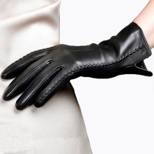 New Ruffle Lady Mittens Sheepskin Genuine Leather Black Hand Gloves Women Winter Warm Fleece Driving Gloves Handschoenen Guantes 2024 - buy cheap