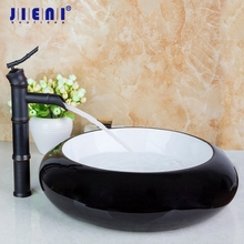 JIENI-encimera redonda de cerámica para baño, lavabo artístico con juego de grifería de bronce, frotado con aceite, color blanco y negro 2024 - compra barato