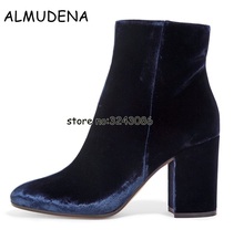 Botines de terciopelo con punta redonda para mujer, botines sexys de tacón grueso, botas cortas a la moda, zapatos de tacón alto azul, verde y negro de talla grande 45 2024 - compra barato