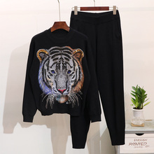 Autumn Women Set Knitted Sweater Pants Two Piece Set Casual Tiger Beading Sequins Tracksuits Women Pullover Tops Trousers Suit 2024 - buy cheap