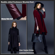 Star Same Style,Top-end Women Long Double-side Cashmere Woolen Overcoat,Genuine Leather Sheep Skin Fur Cuff,Scarf Collar Outwear 2024 - buy cheap