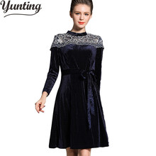 Spring Fall Dress Women Long Sleeve Pleated Lace Patchwork Elegant Velvet Dresses Robe Vintage Vestido 2024 - buy cheap