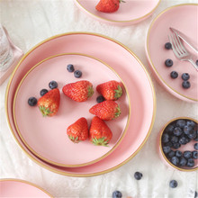 Solid Pink Ceramic Plate Golden Edge Painting Porcelain Bowl Plate Spoon Dinnerware Set Western Steak Tray Snack Dishes Plate 2024 - buy cheap