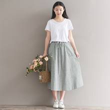 2018 New Summer Women Midi Saia Skirt with Pockets Japanese Mori Girl Blue/Green Stripe Cotton and Linen Long Vintage Skirts 2024 - buy cheap