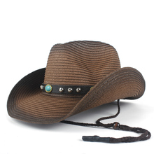 Sombrero de vaquero occidental hueco para Hombre y mujer, Sombrero de paja turquesa con cinturón, para playa, Jazz, talla 57-59CM 2024 - compra barato