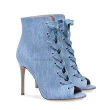 Denim Blue Peep Toe Cross Tied Ankle Boots Black Silk Open Toe Lace Up Women Shoes Pointed Toe Basic Thin High Heel Boots 2024 - buy cheap