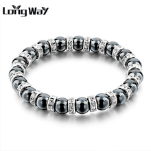 LongWay New Fashion Black Glass Beads Bracelets With White Crystal Elastic Rope Chain Bangles For Women 19cm Bijoux SBR160115 2024 - buy cheap