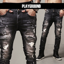 Mens Skinny Jeans Paris Runway Distressed Slim Elastic Jeans Denim Biker Ripped Jeans Hip Hop Pants Acid Washed Black Jeans Men 2024 - buy cheap