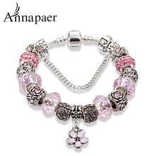 Hot sale Flower Charm Bracelets & Bangles glass Beads Fashion pink Bracelets For Women European Jewelery Pulsera B17031 2024 - buy cheap