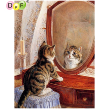 DPF-Bordado de diamantes 5D DIY "el gato se ve en el espejo", manualidades, mosaico de diamantes cuadrados, pintura de punto de cruz, decoración del hogar 2024 - compra barato