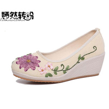 Vintage Embroidered Women Shoes Ethnic Natural Linen Shoes Slope Heel Retro Cloth Canvas Soft-soled Dance Single Shoes Woman 2024 - buy cheap