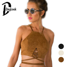 DayLook 2016 Summer New Fashion Women Suede Sling Camisoles Cutting Tied Strap Hollow Out Crop Top Back Zipper Black Brown 2024 - buy cheap