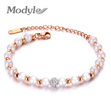 Modyle-pulsera de bolas de circón con encanto para mujer, brazaletes de perlas de imitación de acero inoxidable, Color oro rosa, joyería de boda 2024 - compra barato