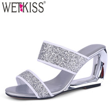 WETKISS Sequined Slippers Woman Open Toe Footwear Unusual Heels High Slides Shoes Mules Bling Shoes Woman Summer 2019 New 2024 - buy cheap