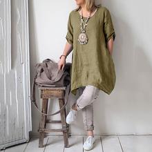 Women's cropped sleeves summer linen dress cotton casual round neck irregular hem dress 2024 - buy cheap