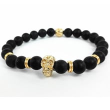 2017 New Design Yoga Men Jewelry Retail Top Quality 8mm Black Matte Black Stone Bead with Gold-color Skull Bracelets 2024 - buy cheap