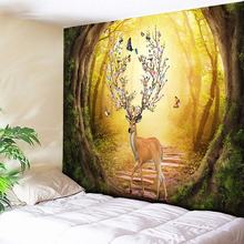 Tapiz de pared Mandala para colgar en el bosque, tapiz con estampado de árbol verde y agujero en 3D, manta artística con estampado de alces y sol, tapiz decorativo bohemio para el hogar 2024 - compra barato
