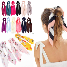 DIY Solid/Floral Print Bow Satin Long Ribbon Ponytail Scarf Hair Tie Scrunchies Women Girls Elastic Hair Bands Hair Accessories 2024 - buy cheap
