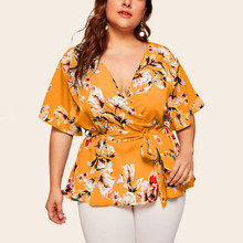 Blouse Women Summer Chiffon Tops And Blouses Flowers Printing V-neck Half Sleeve Belt Pleated Shirt Slim Women Shirts L-5XL 2024 - buy cheap