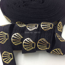 Top Quality Black Gold Foil Shell Print Fold Over Elastic 5/8" Foldover Elastic Ribbon Wholesale FOE for DIY Headwear 10Yard/lot 2024 - buy cheap