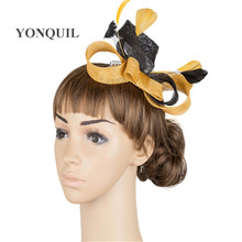 Chapéu fascinator de penas feminino elegante., acessório para cabelo de noiva, casamento, coquetel, asberço, festa de corrida, sinamay myq009. 2024 - compre barato