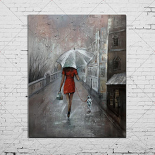 Handmade Lady in Dress Rain Day Street Landscape Poster Oil Painting on Canvas Modern Wall Picture For Living Room Home Decor 2024 - buy cheap